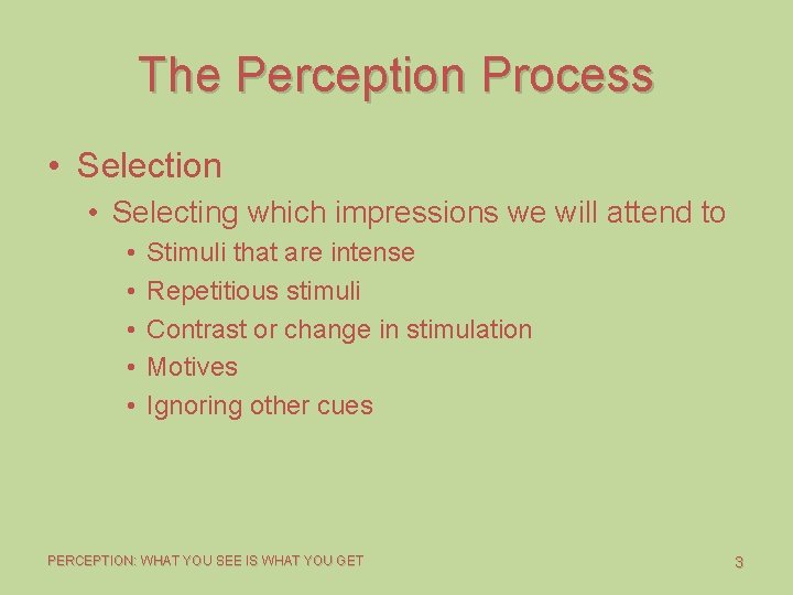 The Perception Process • Selection • Selecting which impressions we will attend to •