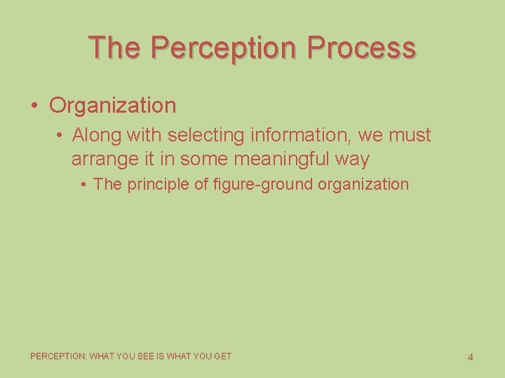 The Perception Process • Organization • Along with selecting information, we must arrange it