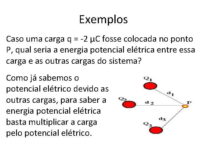 Exemplos Caso uma carga q = -2 µC fosse colocada no ponto P, qual Exemplos Caso uma carga q = -2 µC fosse colocada no ponto P, qual