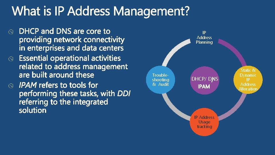 IP Address Planning Troubleshooting & Audit DHCP/ DNS IP Address Usage tracking Static &