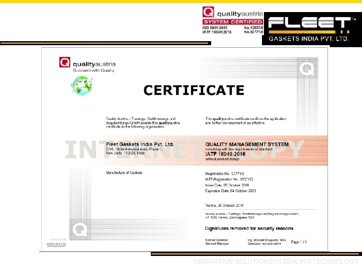 Certifications – IATF 16949: 2016 INNOVATIVE SOLUTIONS IN SEALING TECHNOLOGY 