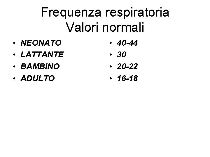Frequenza respiratoria Valori normali • • NEONATO LATTANTE BAMBINO ADULTO • • 40 -44
