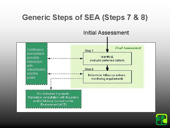 Generic Steps of SEA (Steps 7 & 8) Initial Assessment Continuous and earliest possible