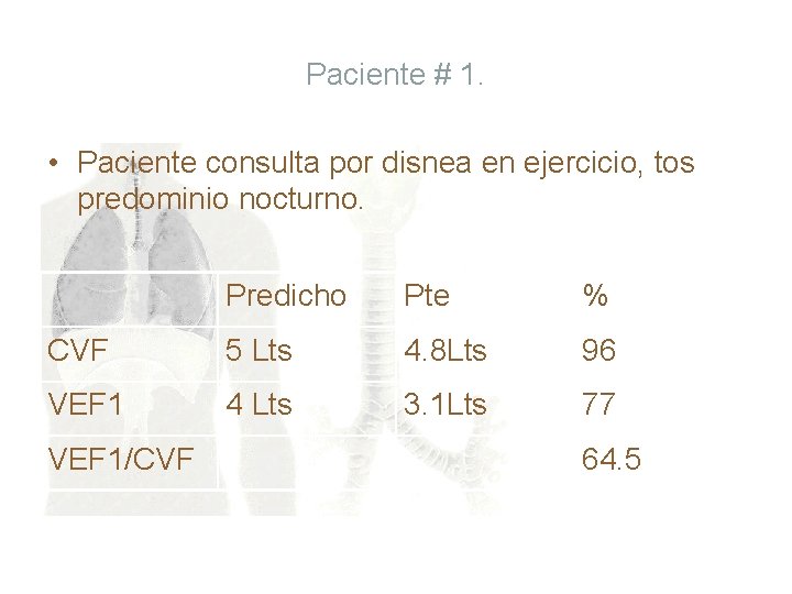 Paciente # 1. • Paciente consulta por disnea en ejercicio, tos predominio nocturno. Predicho