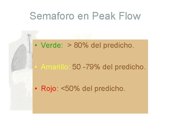 Semaforo en Peak Flow • Verde: > 80% del predicho. • Amarillo: 50 -79%