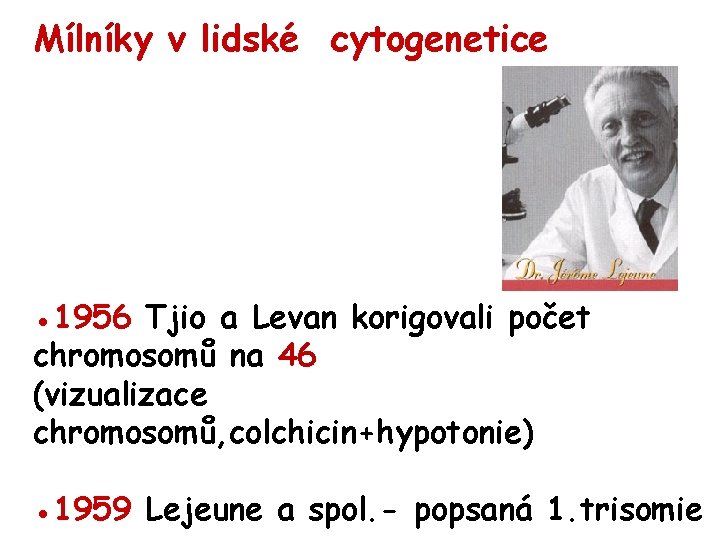 Mílníky v lidské cytogenetice ● 1956 Tjio a Levan korigovali počet chromosomů na 46