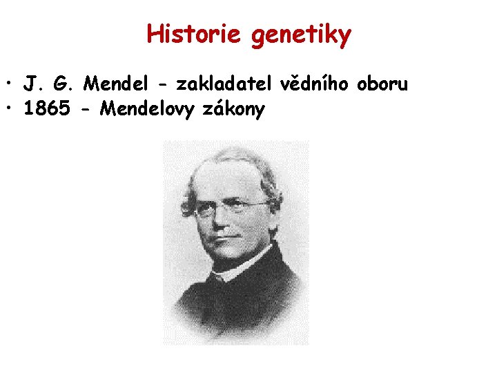 Historie genetiky • J. G. Mendel - zakladatel vědního oboru • 1865 - Mendelovy