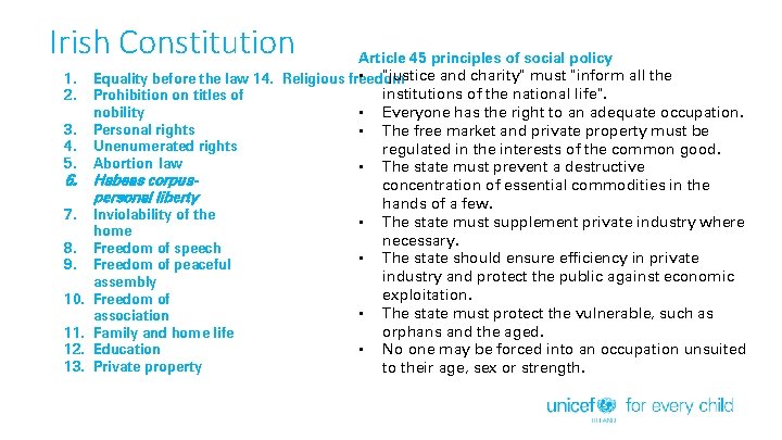 Irish Constitution Article 45 principles of social policy • "justice and charity" must "inform