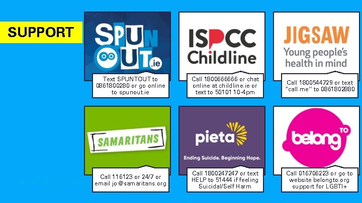 SUPPORT Text SPUNTOUT to 0861800280 or go online to spunout. ie Call 1800666666 or