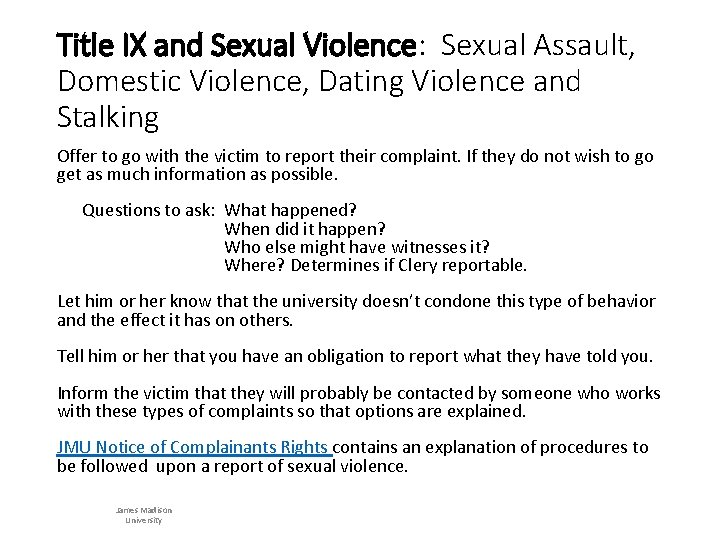 Title IX and Sexual Violence: Sexual Assault, Domestic Violence, Dating Violence and Stalking Offer