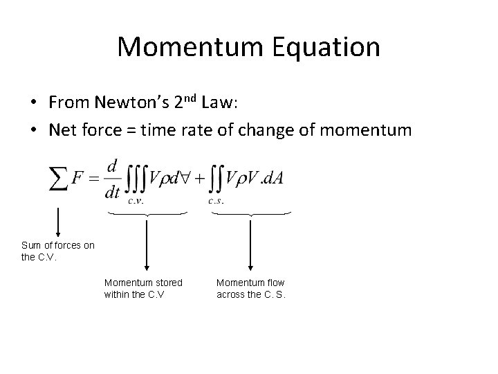 Momentum Equation • From Newton’s 2 nd Law: • Net force = time rate