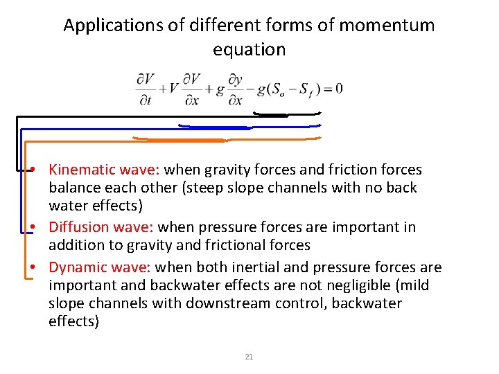 Applications of different forms of momentum equation • Kinematic wave: when gravity forces and