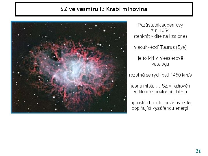 SZ ve vesmíru I. : Krabí mlhovina Pozůstatek supernovy z r. 1054 (tenkrát viditelná