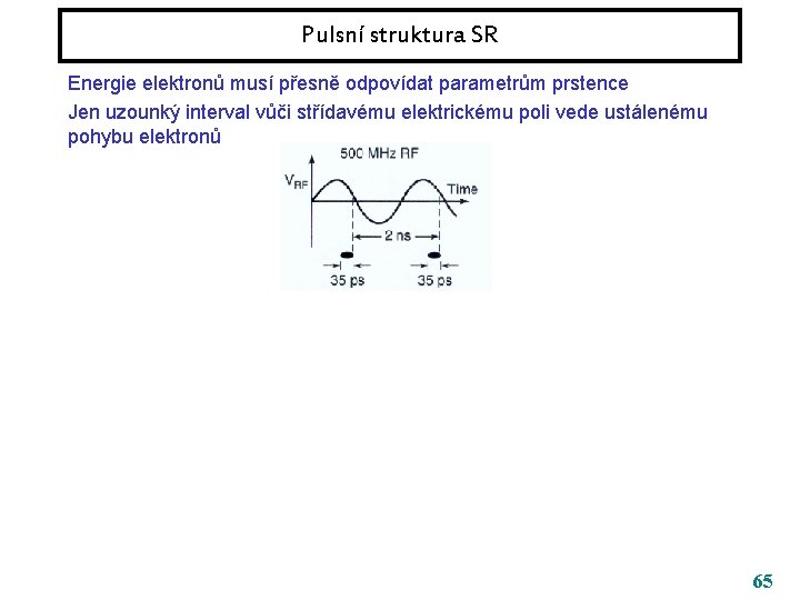 Pulsní struktura SR Energie elektronů musí přesně odpovídat parametrům prstence Jen uzounký interval vůči