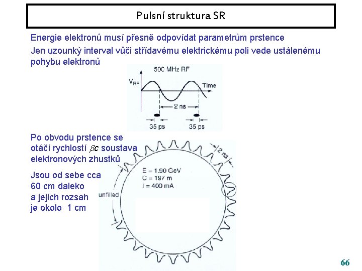 Pulsní struktura SR Energie elektronů musí přesně odpovídat parametrům prstence Jen uzounký interval vůči