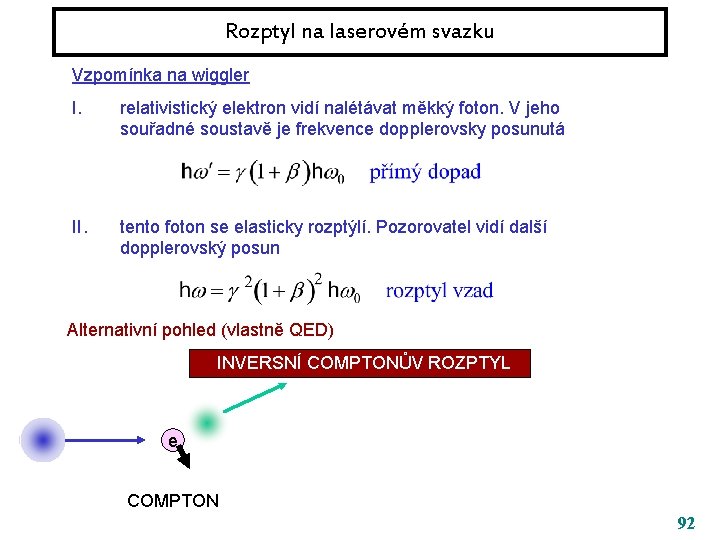 Rozptyl na laserovém svazku Vzpomínka na wiggler I. relativistický elektron vidí nalétávat měkký foton.