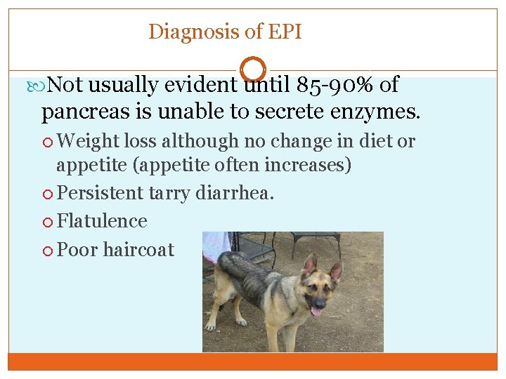 Diagnosis of EPI Not usually evident until 85 -90% of pancreas is unable to