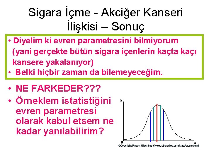 Sigara İçme - Akciğer Kanseri İlişkisi – Sonuç • Diyelim ki evren parametresini bilmiyorum