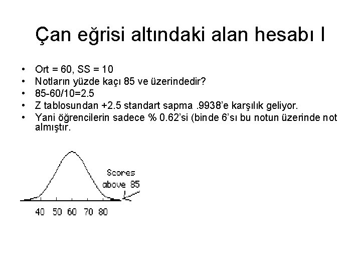 Çan eğrisi altındaki alan hesabı I • • • Ort = 60, SS =