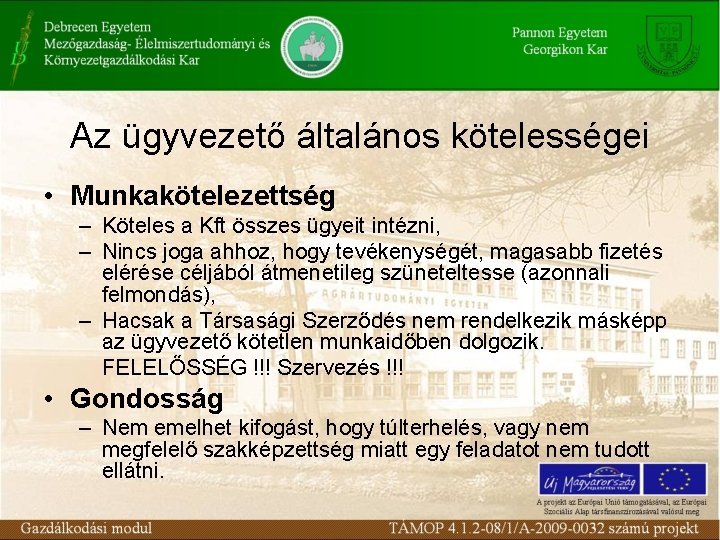 Az ügyvezető általános kötelességei • Munkakötelezettség – Köteles a Kft összes ügyeit intézni, –