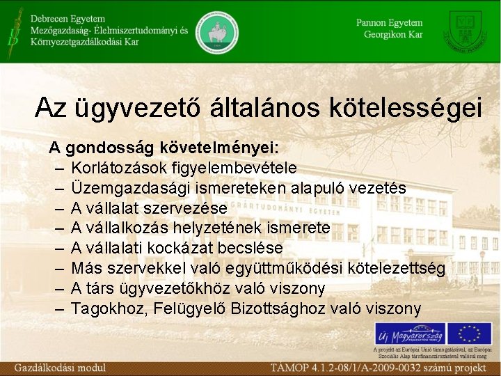 Az ügyvezető általános kötelességei A gondosság követelményei: – Korlátozások figyelembevétele – Üzemgazdasági ismereteken alapuló