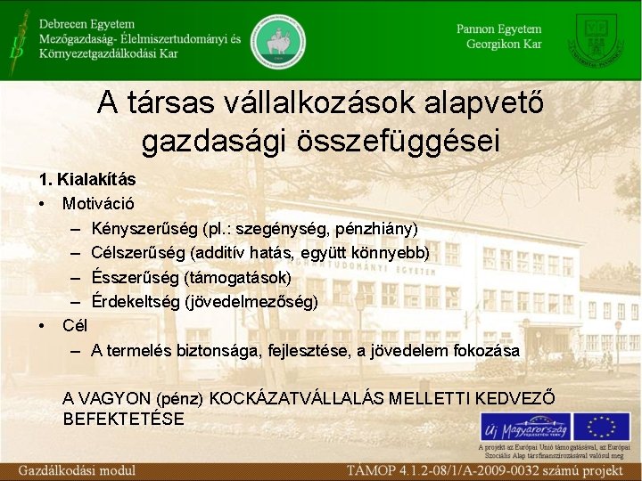 A társas vállalkozások alapvető gazdasági összefüggései 1. Kialakítás • Motiváció – Kényszerűség (pl. :