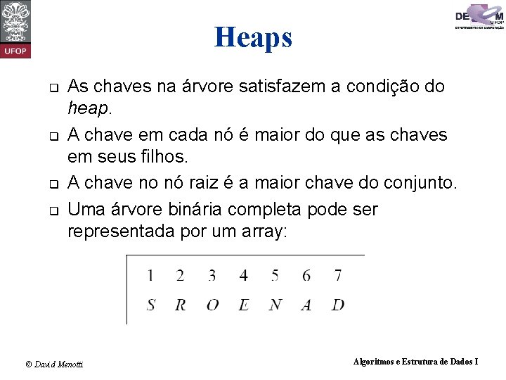 Heaps q q As chaves na árvore satisfazem a condição do heap. A chave