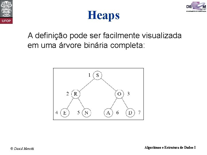 Heaps A definição pode ser facilmente visualizada em uma árvore binária completa: © David