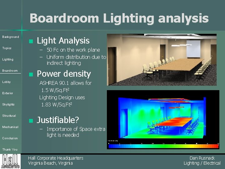 Boardroom Lighting analysis Background n Topics – 50 Fc on the work plane –