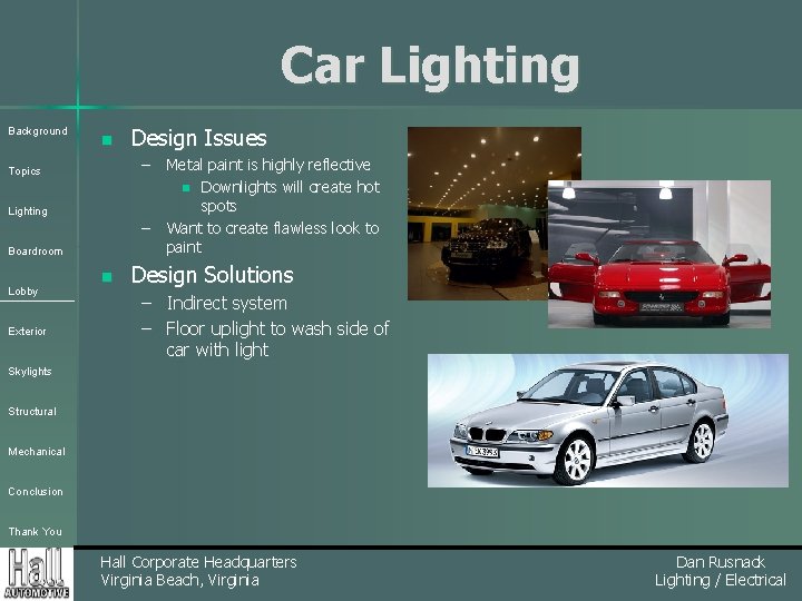 Car Lighting Background n – Metal paint is highly reflective n Downlights will create