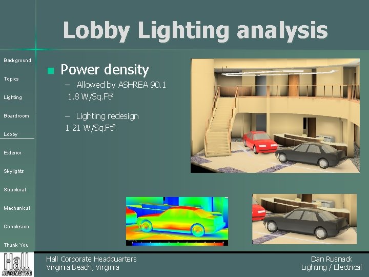 Lobby Lighting analysis Background Topics Lighting Boardroom Lobby n Power density – Allowed by