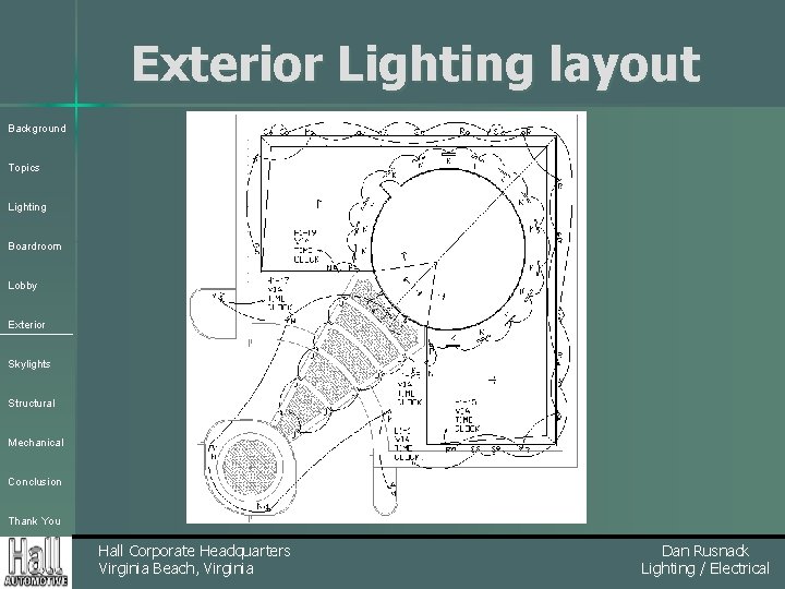 Exterior Lighting layout Background Topics Lighting Boardroom Lobby Exterior Skylights Structural Mechanical Conclusion Thank