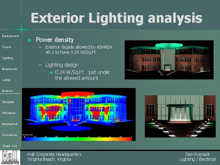 Exterior Lighting analysis Background n Topics Power density – Exterior façade allowed by ASHREA