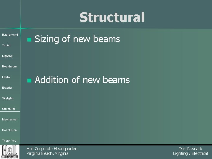 Structural Background Topics n Sizing of new beams n Addition of new beams Lighting