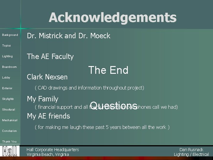 Acknowledgements Background Dr. Mistrick and Dr. Moeck Topics Lighting The AE Faculty Boardroom Lobby