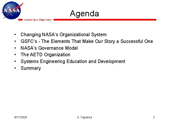 Agenda Goddard Space Flight Center • • • Changing NASA’s Organizational System GSFC’s -