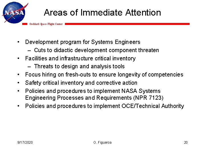 Areas of Immediate Attention Goddard Space Flight Center • Development program for Systems Engineers