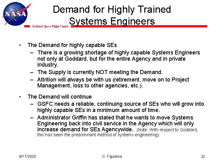 Demand for Highly Trained Systems Engineers Goddard Space Flight Center • The Demand for