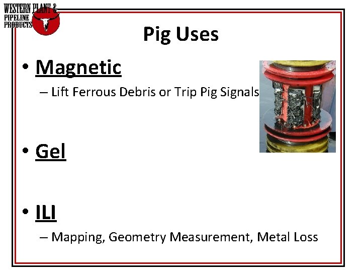 Pig Uses • Magnetic – Lift Ferrous Debris or Trip Pig Signals • Gel Pig Uses • Magnetic – Lift Ferrous Debris or Trip Pig Signals • Gel