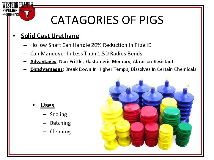 CATAGORIES OF PIGS • Solid Cast Urethane – Hollow Shaft Can Handle 20% Reduction CATAGORIES OF PIGS • Solid Cast Urethane – Hollow Shaft Can Handle 20% Reduction
