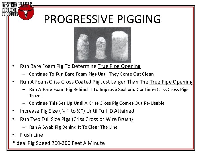 PROGRESSIVE PIGGING • Run Bare Foam Pig To Determine True Pipe Opening – Continue PROGRESSIVE PIGGING • Run Bare Foam Pig To Determine True Pipe Opening – Continue