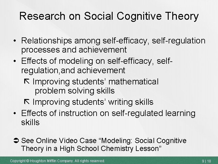 Research on Social Cognitive Theory • Relationships among self-efficacy, self-regulation processes and achievement •