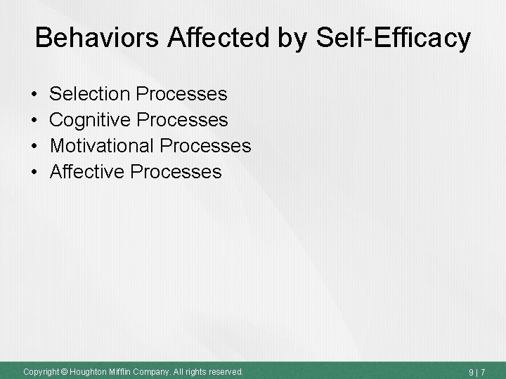 Behaviors Affected by Self-Efficacy • • Selection Processes Cognitive Processes Motivational Processes Affective Processes