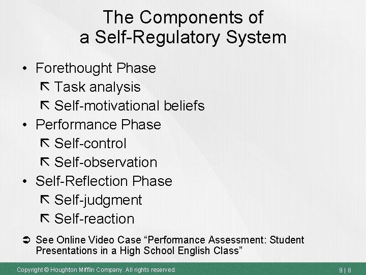The Components of a Self-Regulatory System • Forethought Phase Task analysis Self-motivational beliefs •