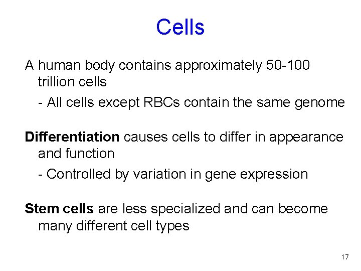 Cells A human body contains approximately 50 -100 trillion cells - All cells except