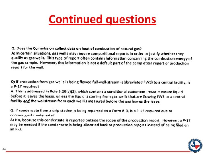 Continued questions 44 Continued questions 44