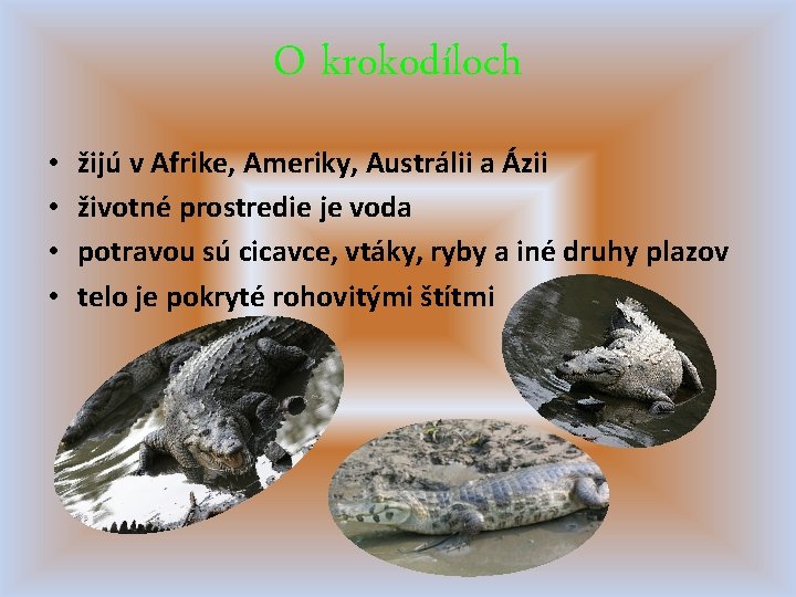 O krokodíloch • • žijú v Afrike, Ameriky, Austrálii a Ázii životné prostredie je