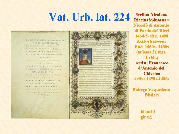 Vat. Urb. lat. 224 Scribe: Nicolaus Riccius Spinosus = Niccolò di Antonio di Pardo