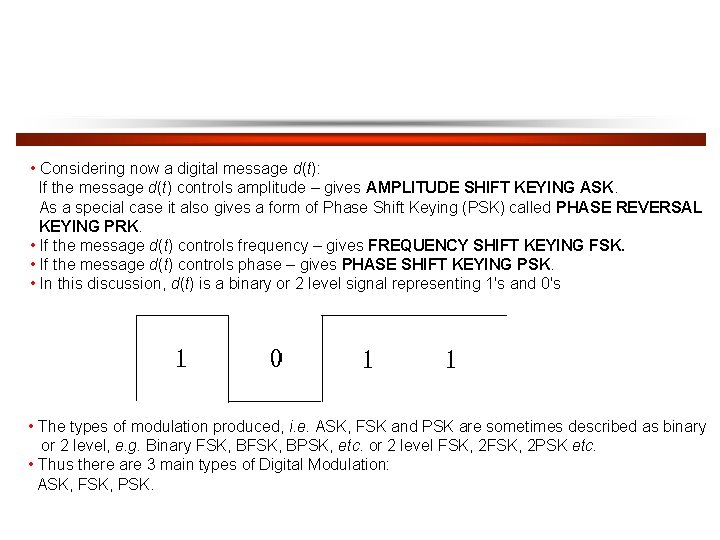 • Considering now a digital message d(t): If the message d(t) controls amplitude