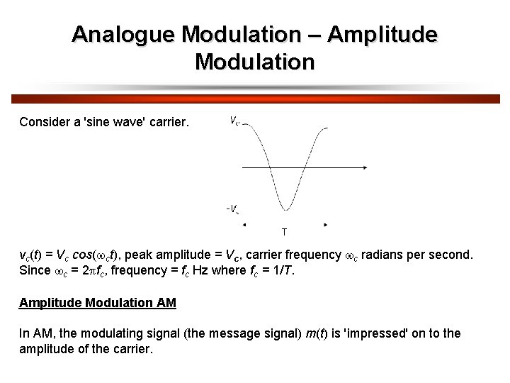 Analogue Modulation – Amplitude Modulation Consider a 'sine wave' carrier. vc(t) = Vc cos(